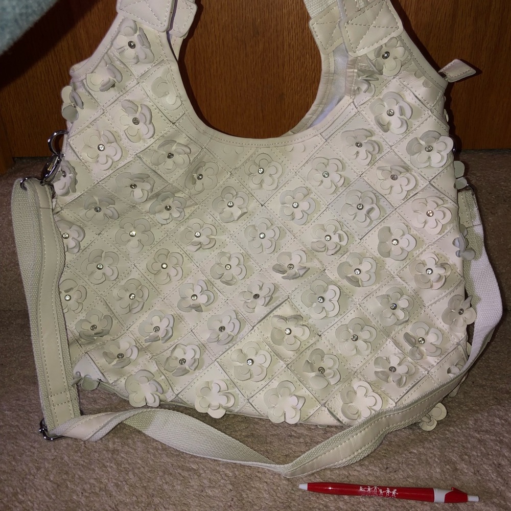 White Leather cut out flower tote